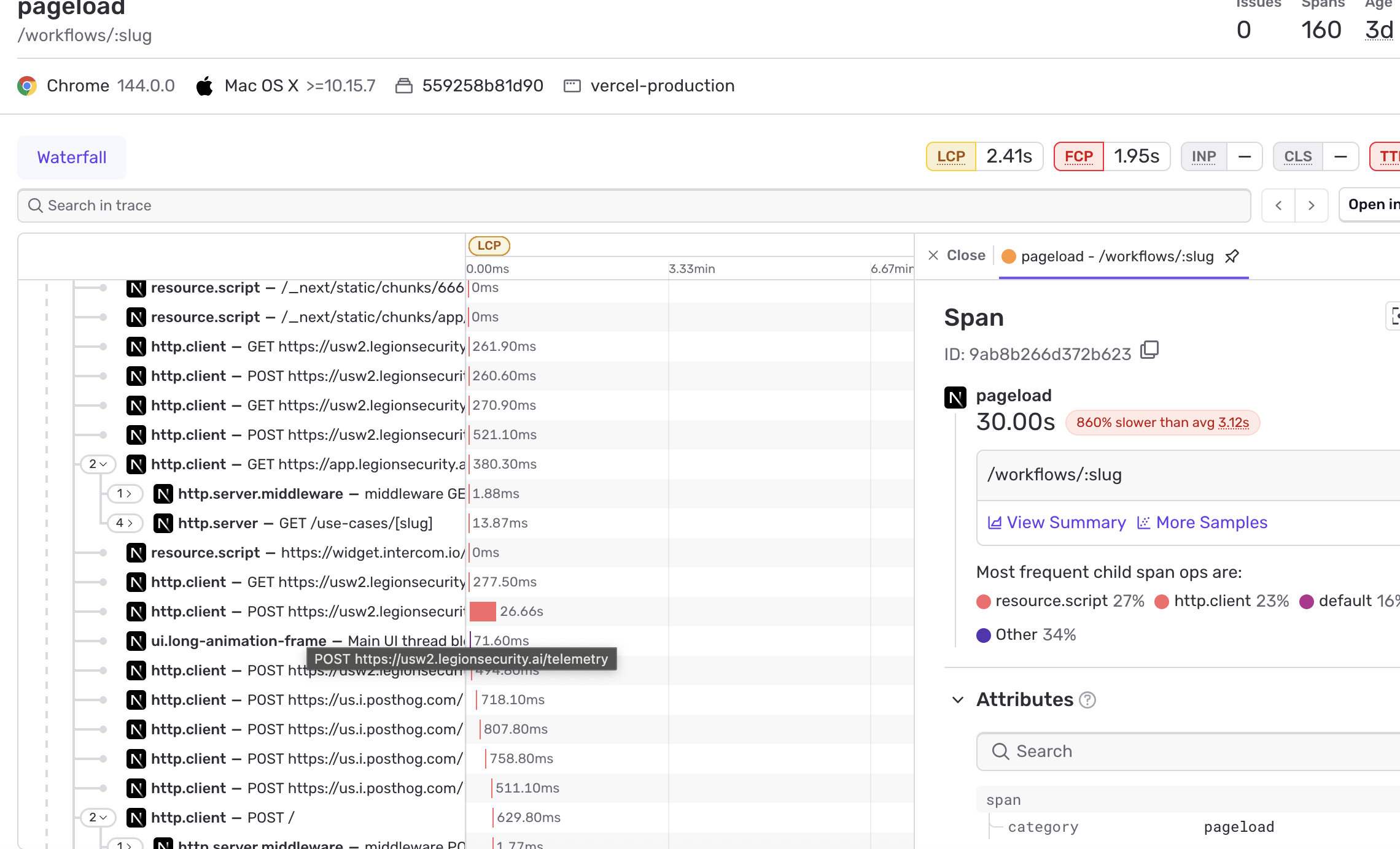 Example trace showing a slow /telemetry HTTP request span